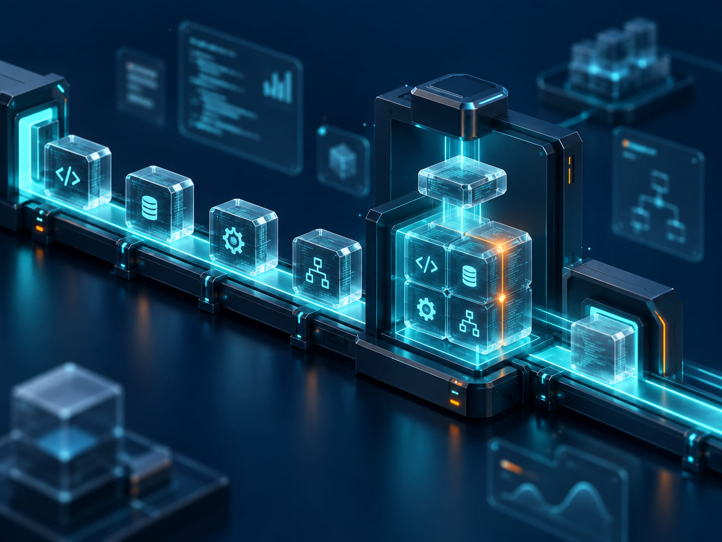 Módulos de software ensamblándose en una línea de producción de luz