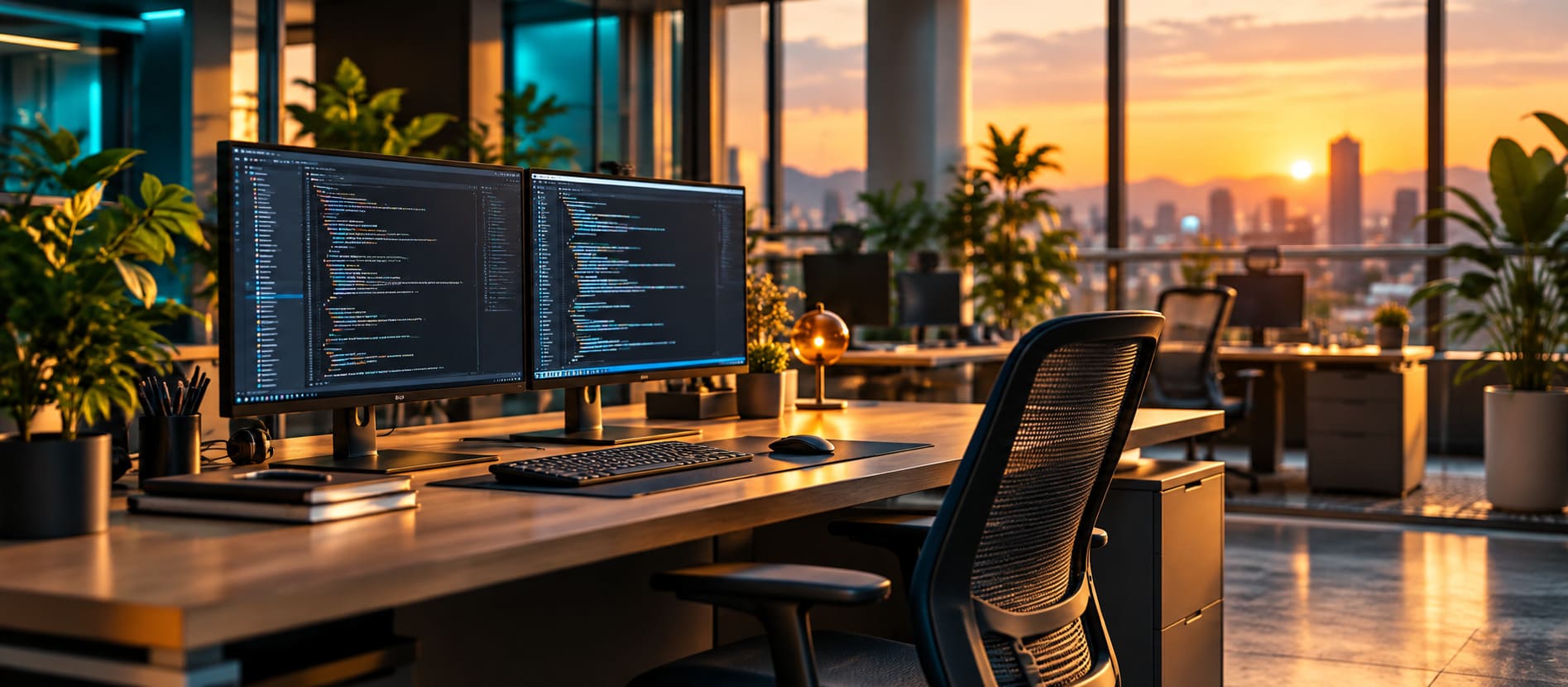 Espacio de trabajo de Vortexbird con escritorios, pantallas con código y luz natural