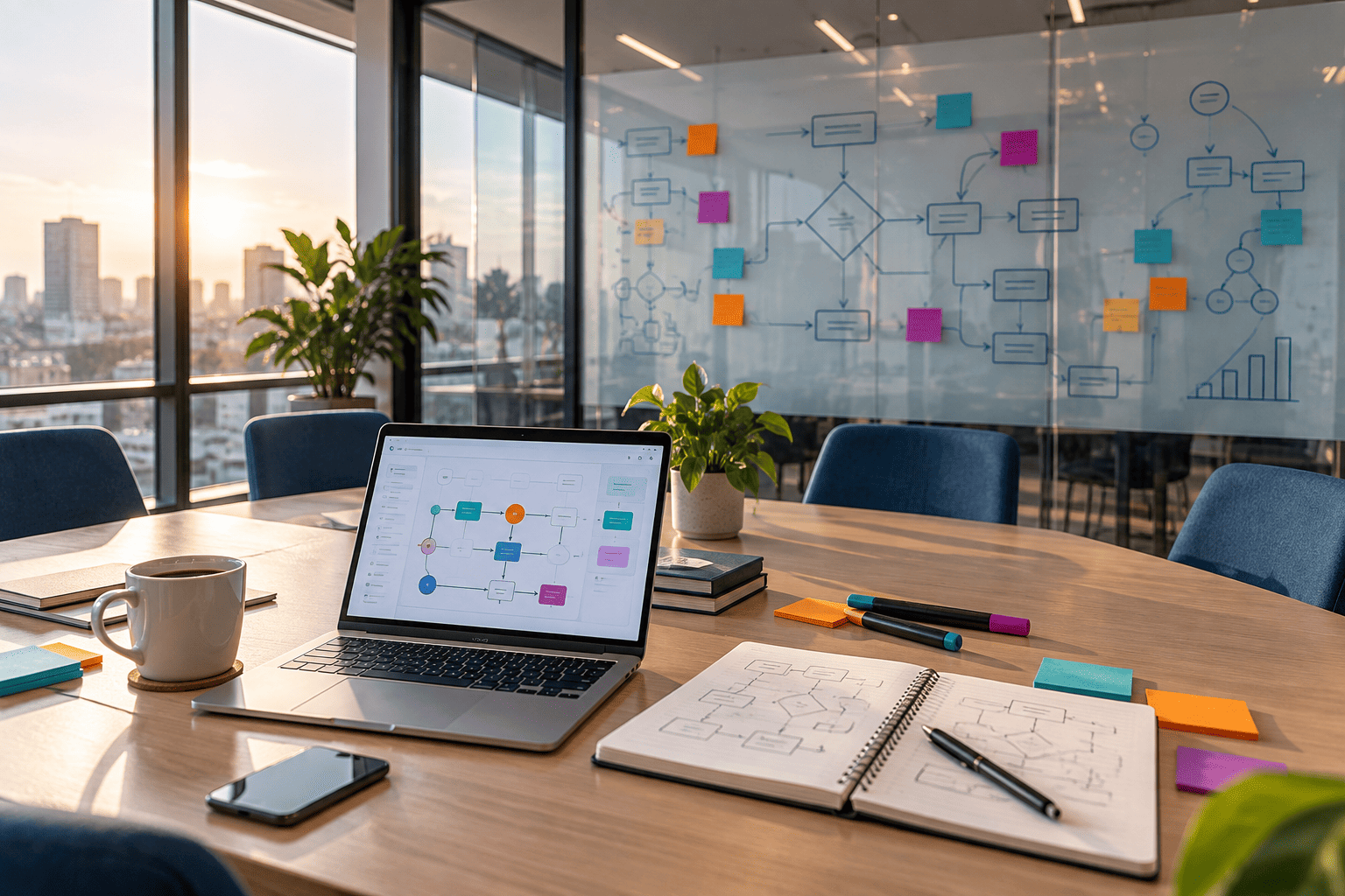 Espacio de trabajo con diagramas de procesos y decisiones
